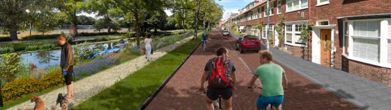 Visualisatie van de kade met fietspad en water