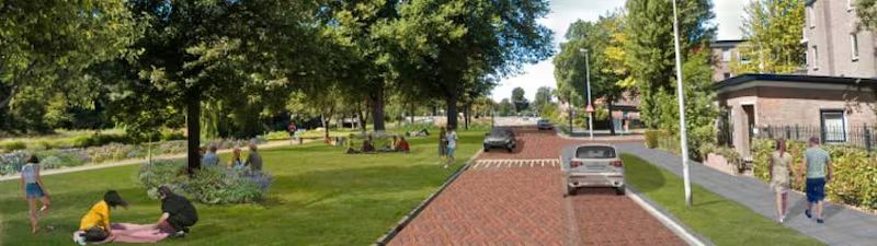 Visualisatie van de heringerichte Jan Gijzenkade met groene berm